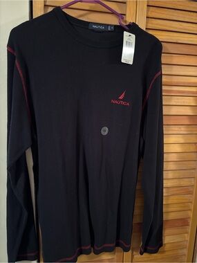 Nautica Black Long-Sleeve Crewneck Shirt with Red Stitching